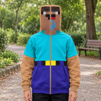 Bluza Skin Noobka Full Zip z turkusową górą, fioletowym dołem i brązowymi rękawami - widok na modelu