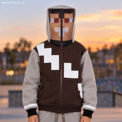 Bluza Skin Wojana Full Zip z brązowym przodem, szarymi rękawami i kapturem z maską przedstawiającą twarz Wojana - widok na modelu