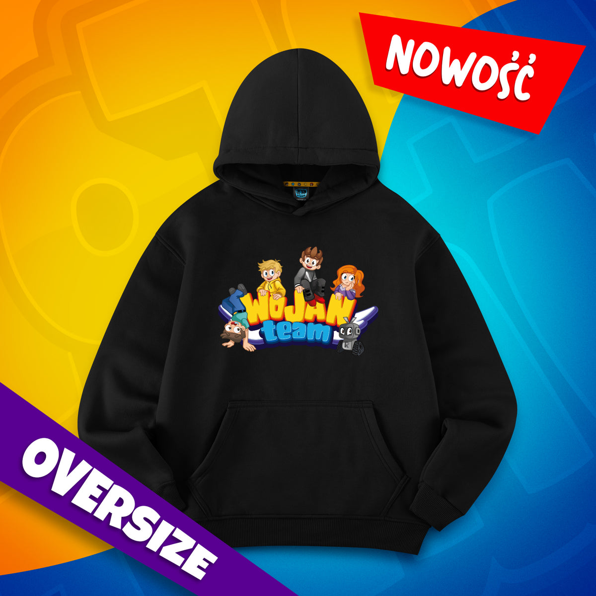 Czarna bluza oversize premium Wojan Team z kolorową grafiką bohaterów Wojanowic
