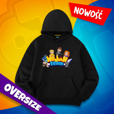 Czarna bluza oversize premium Wojan Team z kolorową grafiką bohaterów Wojanowic

