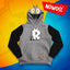 Bluza Skin Robcio w szaro-czarnym kolorze z białą literą R, kapturem z antenkami i kieszenią kangurką