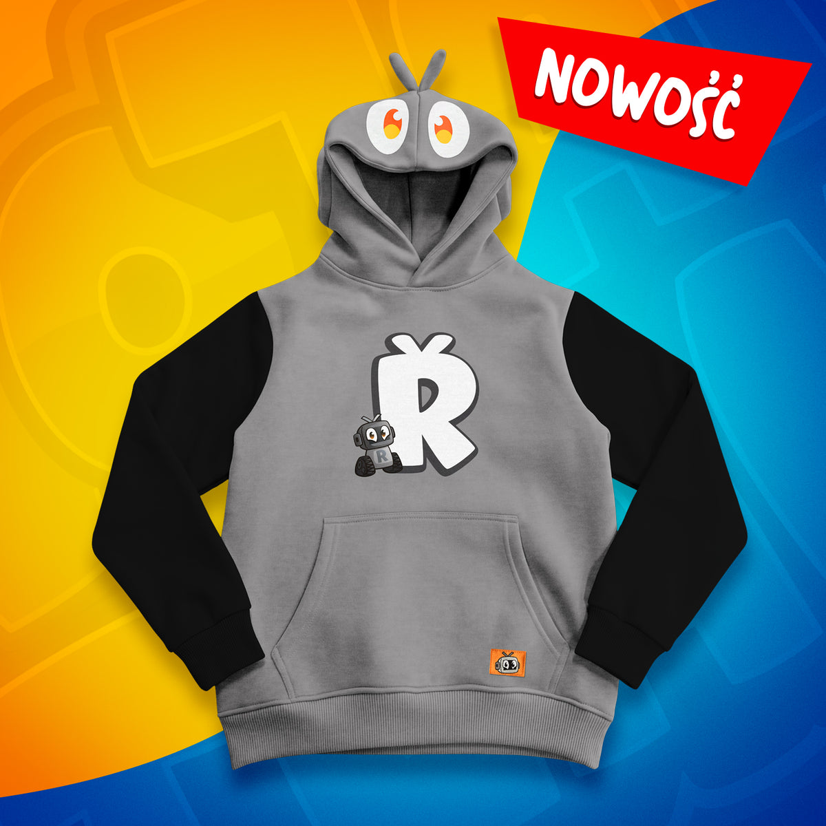 Bluza Skin Robcio w szaro-czarnym kolorze z białą literą R, kapturem z antenkami i kieszenią kangurką