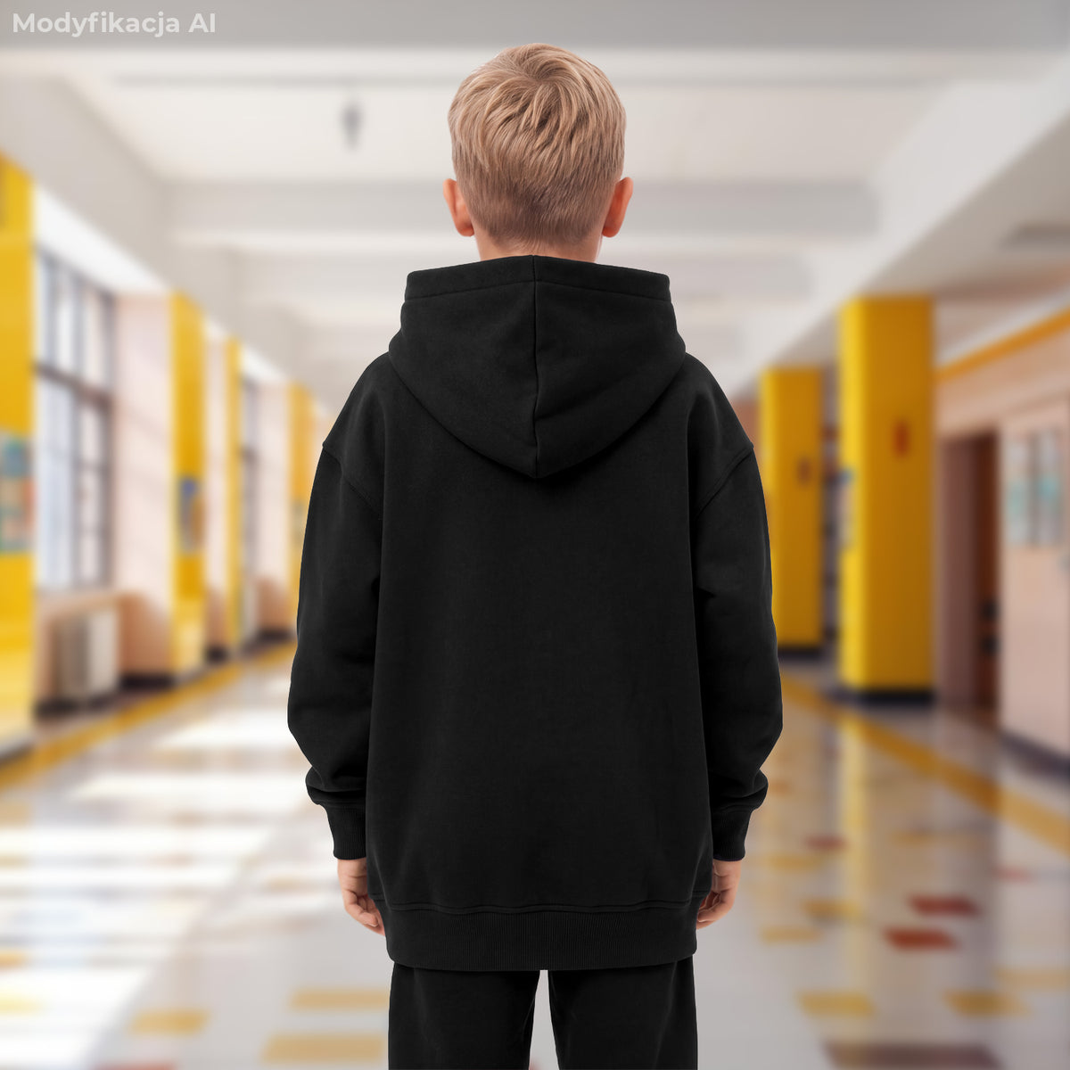 Czarna bluza Premium Oversize Wojan Team z kapturem, kieszenią kangurką i nadrukiem bohaterów Wojanowic - widok na modelu z tyłu