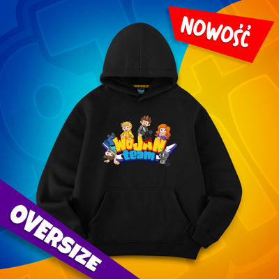 Bluza oversize premium Wojan Team czarna – widok przodu z kapturem i kieszenią kangurką
