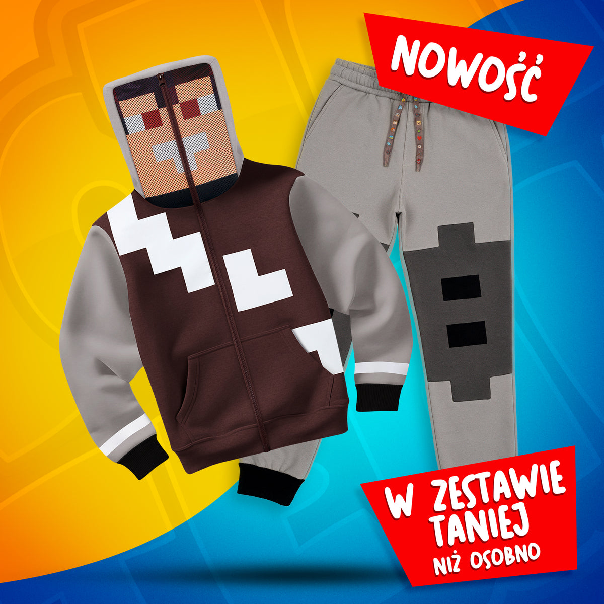 Zestaw Skin Wojana – bluza Full Zip z kapturem i maską oraz szare spodnie dresowe z nadrukiem skina Wojana