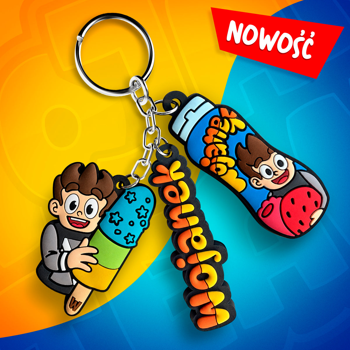 Brelok Wojanek 3w1 z trzema kolorowymi zawieszkami przedstawiającymi logo Wojanek, napój Wojanek i Wojana z lodem