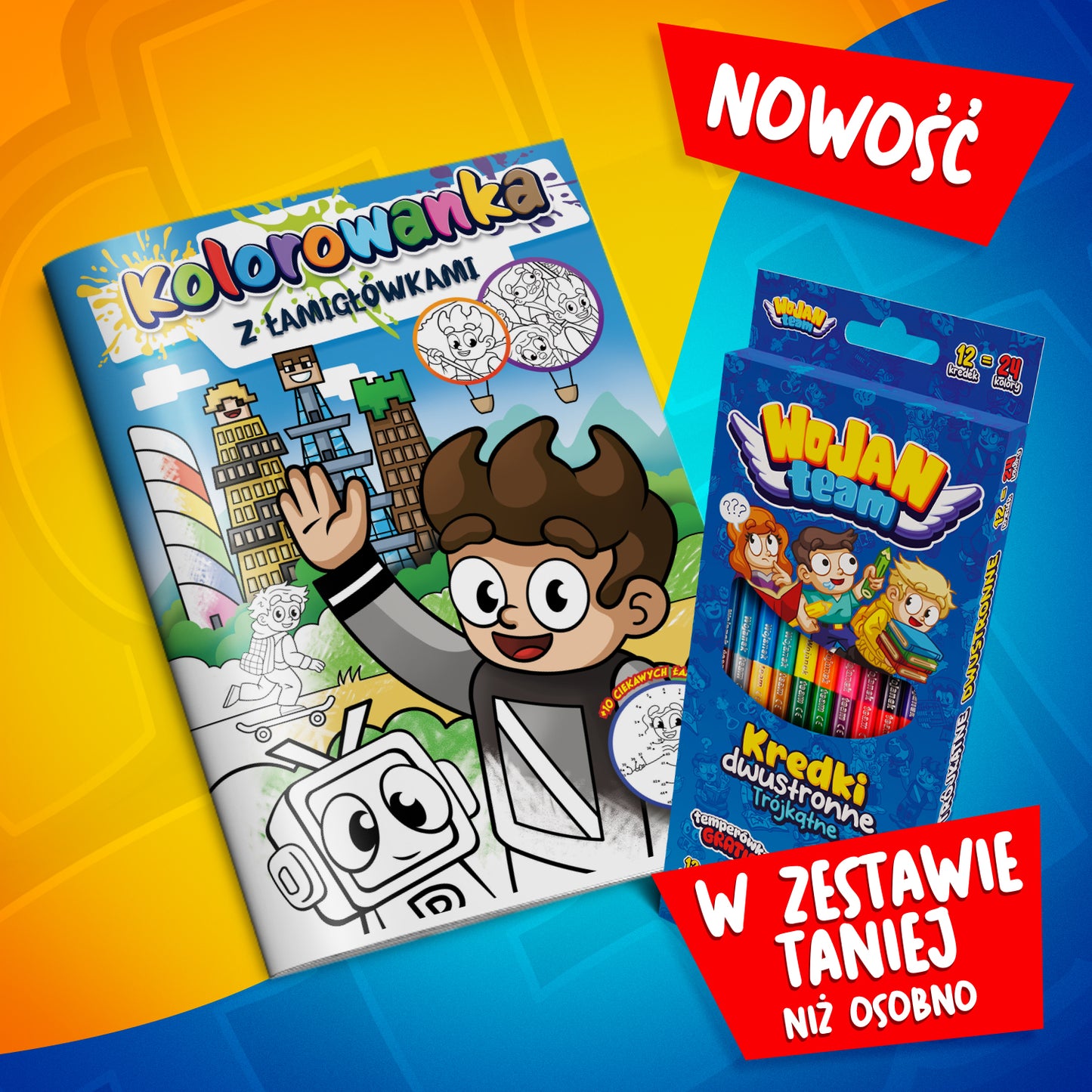 Zestaw kolorowanka z łamigłówkami Wojanowice i dwustronne kredki Wojan Team 2026
