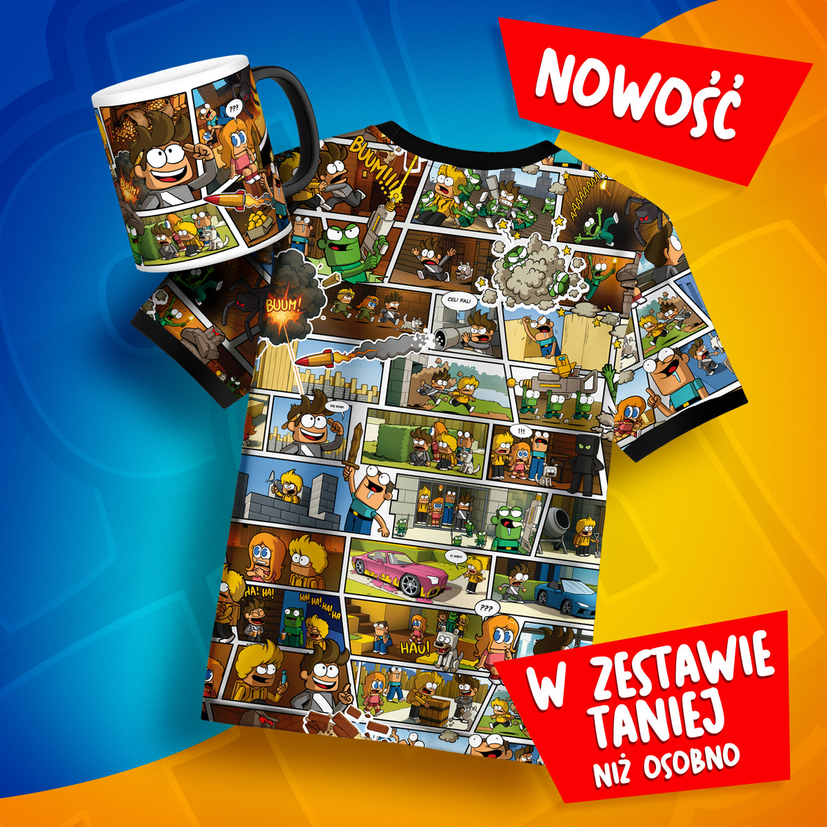 Zestaw Koszulka FULLPRINT Komiks „Wojanowice: Na Tropie Zdrajcy” i magiczny kubek 300 ml.