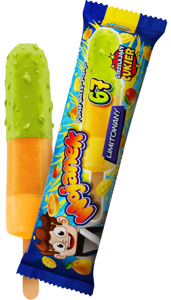smak pomarańcza-mango z sosem pomarańczowym w polewie o smaku gumy balonowej