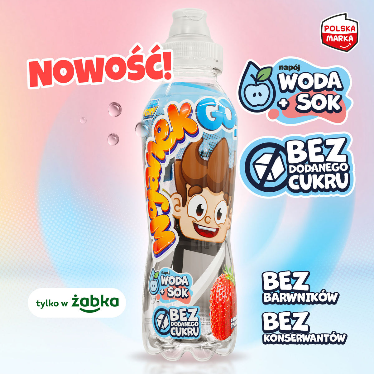 Wojanek GO! Truskawka - połączenie wody i soku owocowego, bez dodanego cukru, bez konserwantów, bez barwników. Nowość!