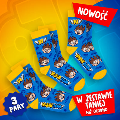 Zestaw 3 par niebiesko-żółtych skarpetek Premium Wojan z motywem Wojana i logo Wojan Team