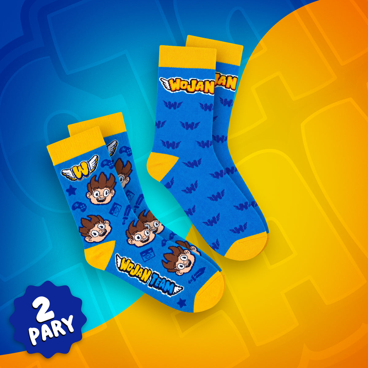 Niebieskie skarpetki Premium Wojan z postacią Wojana oraz skarpetki Wojan Team z logo i wzorem w litery W
