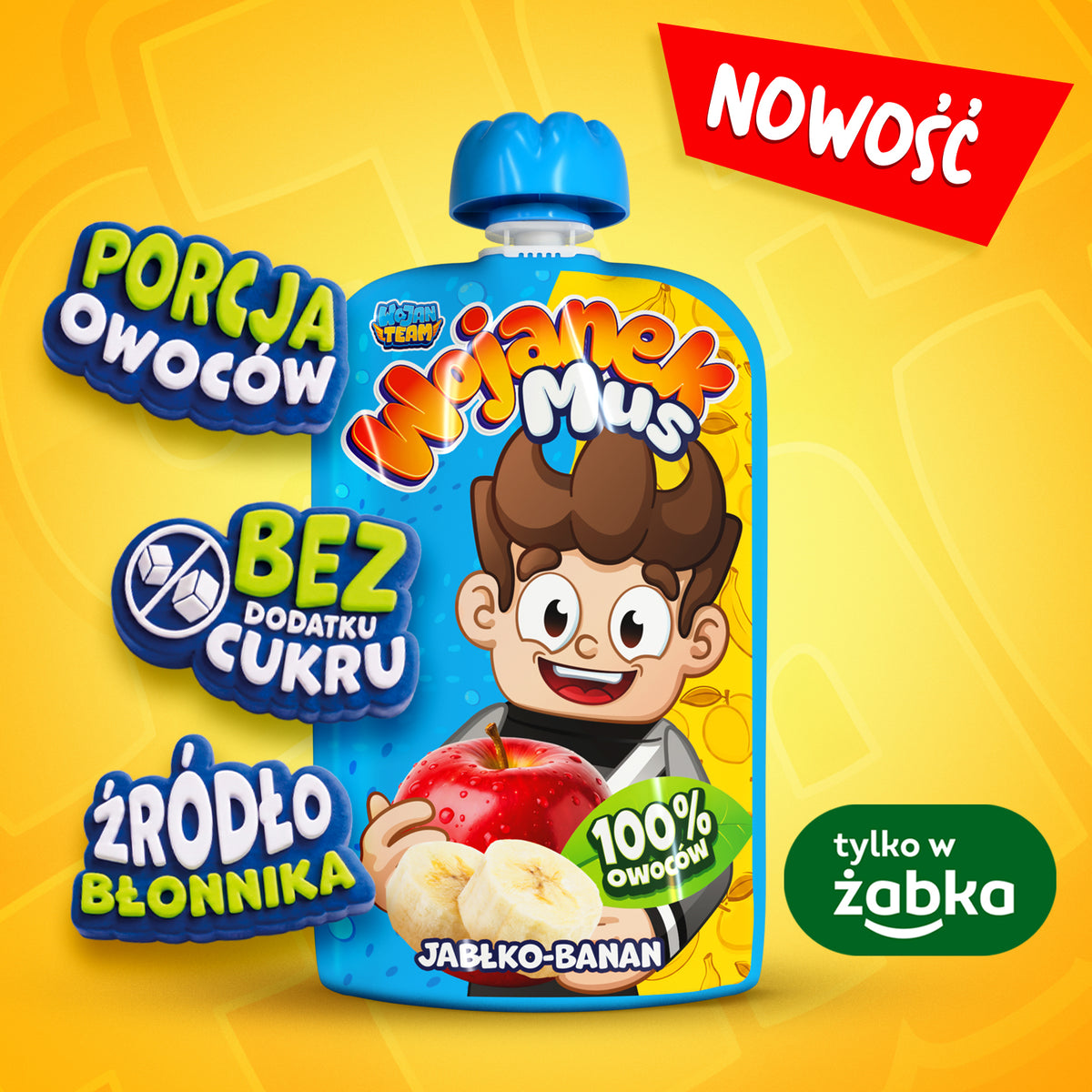 Wojanek Mus jabłko-banan – 100% owoców, bez dodatku cukru, porcja owoców, źródło błonnika, z polskich jabłek