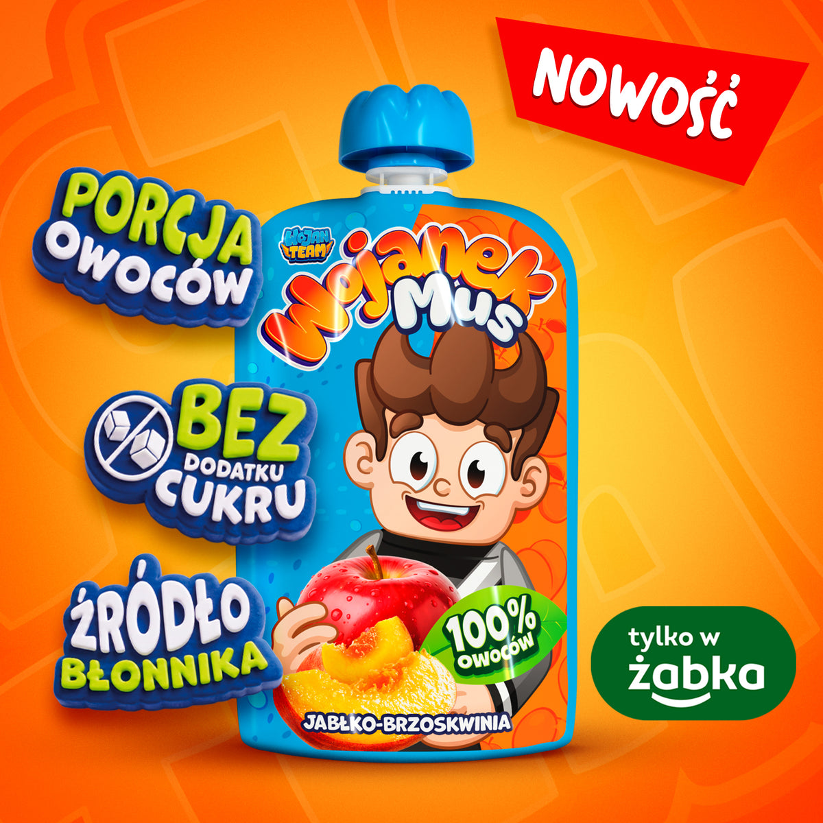 Wojanek Mus jabłko-brzoskwinia – 100% owoców, bez dodatku cukru, porcja owoców, źródło błonnika, z polskich jabłek
