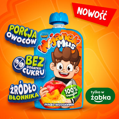 Wojanek Mus jabłko-brzoskwinia – 100% owoców, bez dodatku cukru, porcja owoców, źródło błonnika, z polskich jabłek