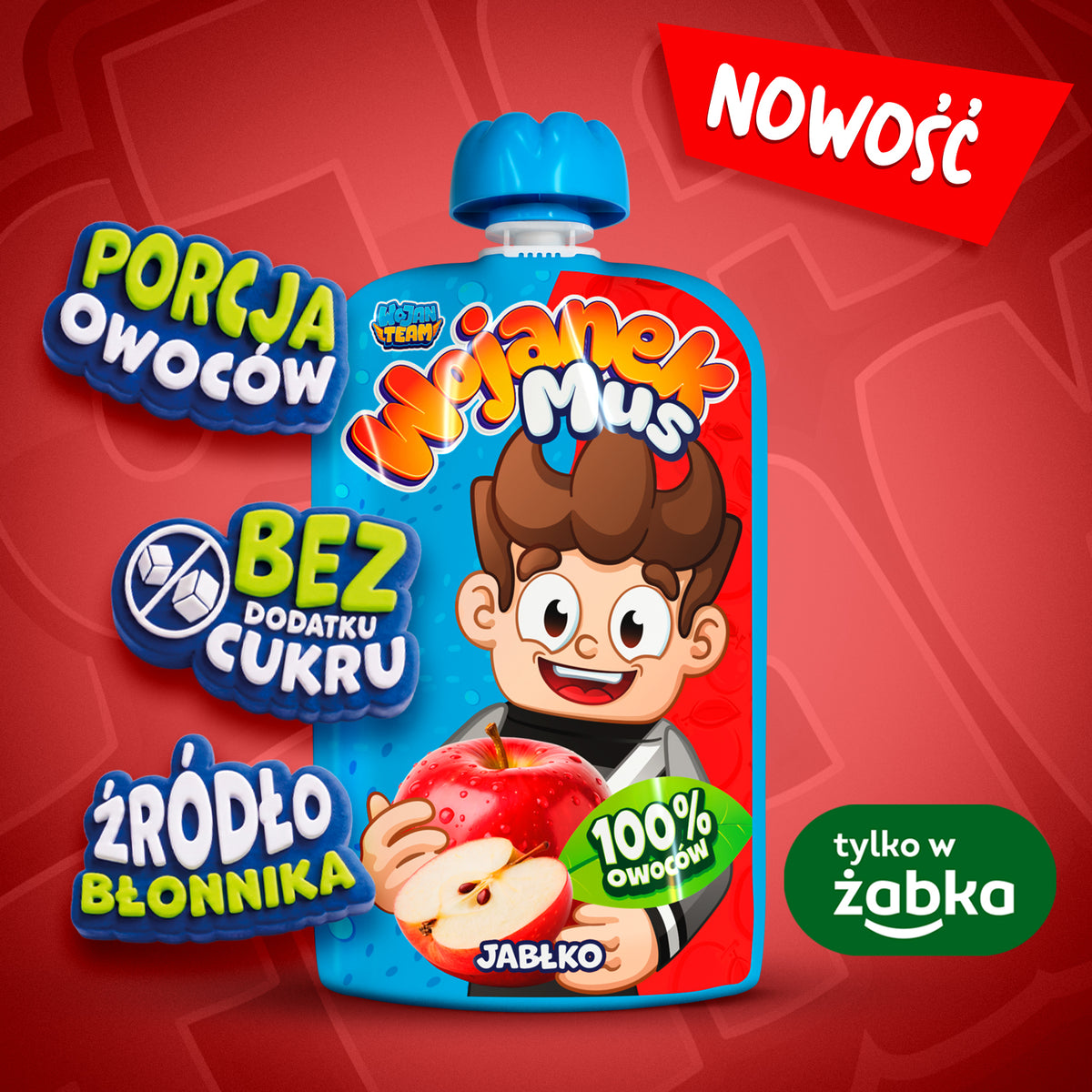 Wojanek Mus jabłko – 100% owoców, bez dodatku cukru, porcja owoców, źródło błonnika, w 100% z polskich jabłek