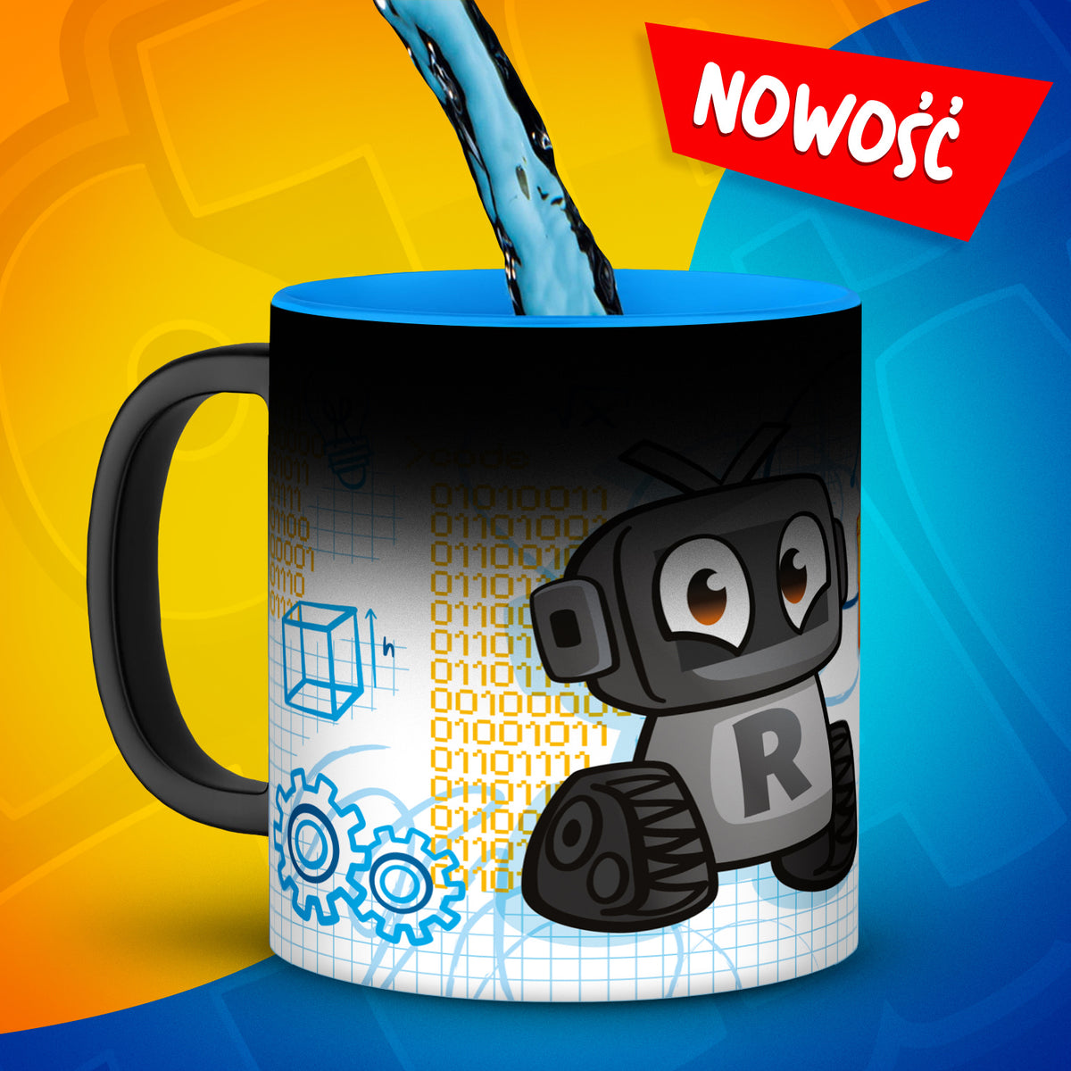 Magiczny kubek Robcio 300 ml podczas nalewania gorącego napoju, odsłaniając postać Robcia.