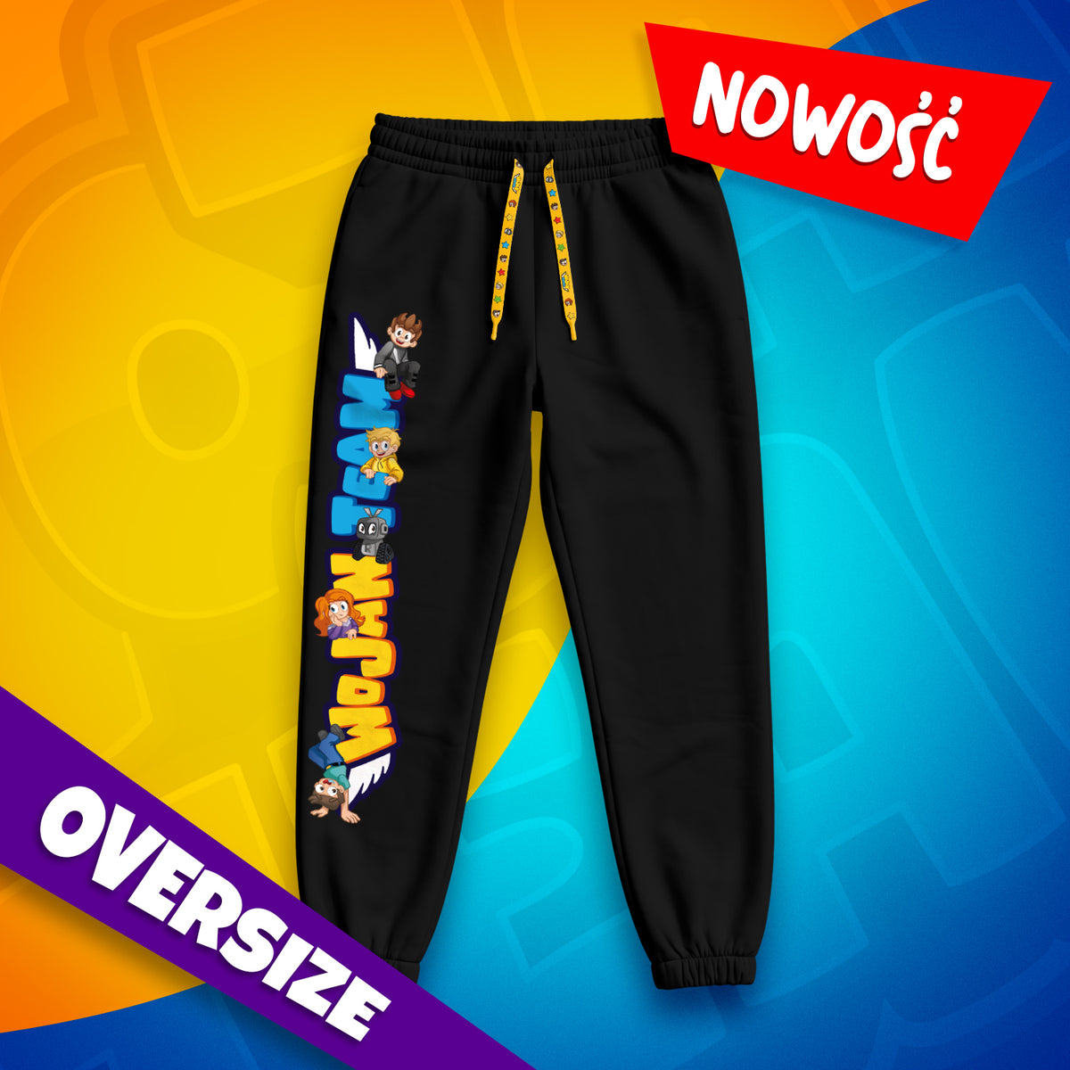 Czarne spodnie dresowe Premium Oversize Wojan Team z kolorowym nadrukiem na nogawce