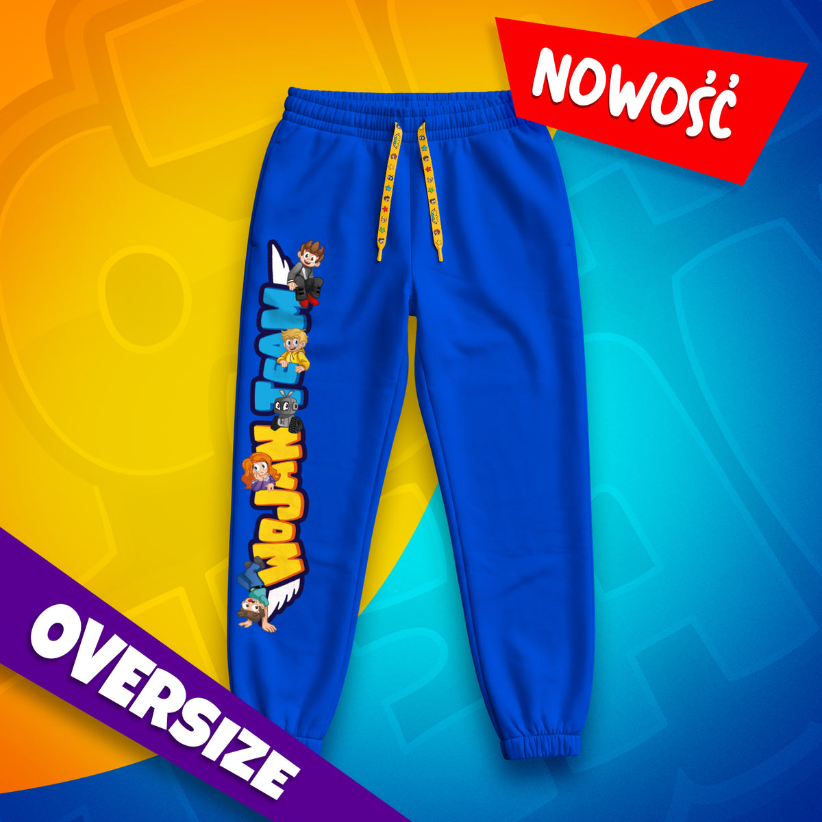 Niebieskie spodnie dresowe Premium Oversize Wojan Team z kolorowym nadrukiem na nogawce