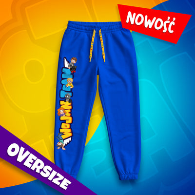 Niebieskie spodnie dresowe Premium Oversize Wojan Team z kolorowym nadrukiem na nogawce