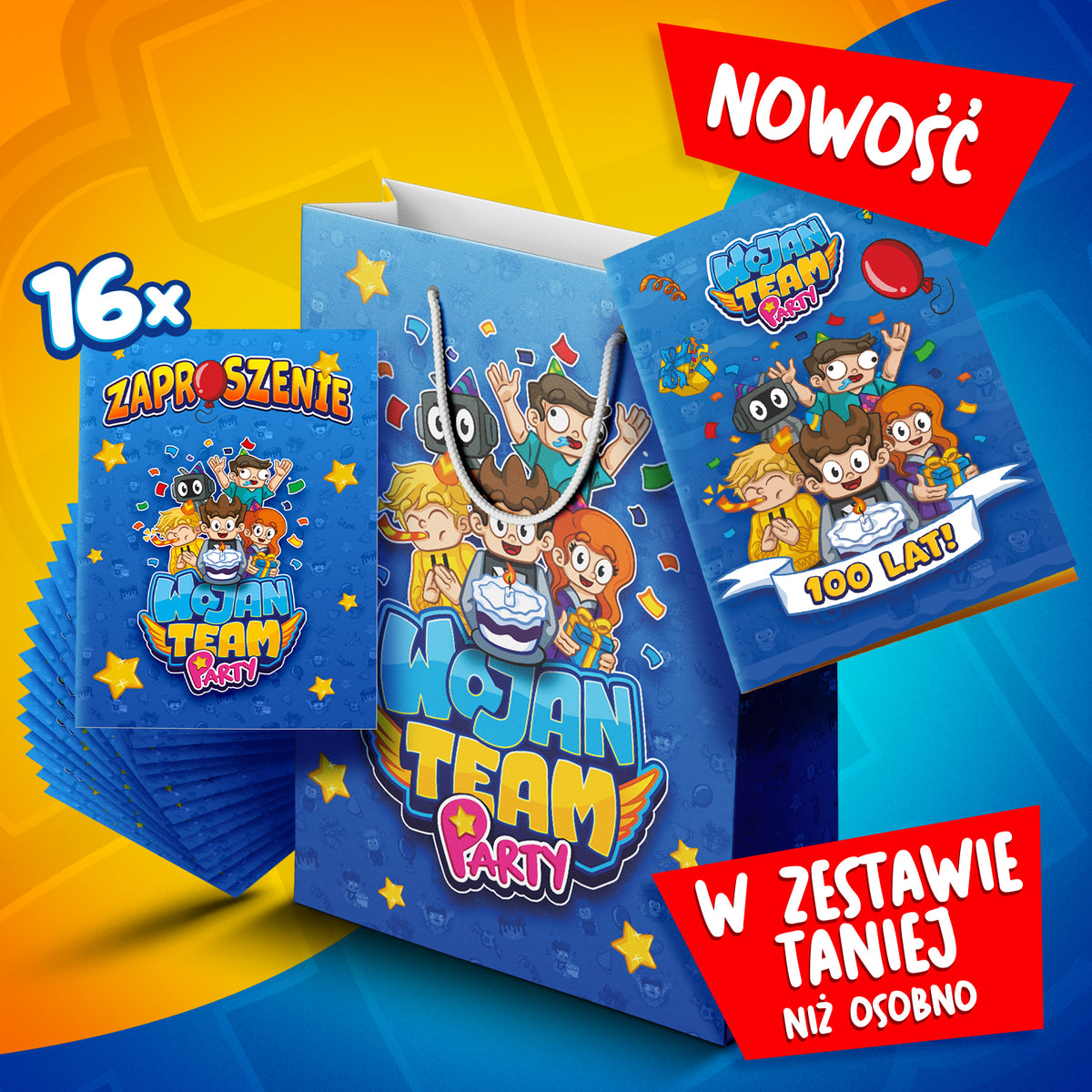 Zestaw urodzinowy Wojan Team – 16 zaproszeń, kartka urodzinowa i torba prezentowa