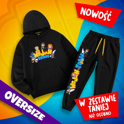 Czarny zestaw Premium Oversize Wojan Team – bluza z kapturem i spodnie dresowe z kolorowymi nadrukami. W zestawie taniej!