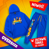 Niebieski zestaw Premium Oversize Wojan Team – bluza z kapturem i spodnie dresowe z kolorowymi nadrukami. W zestawie taniej!