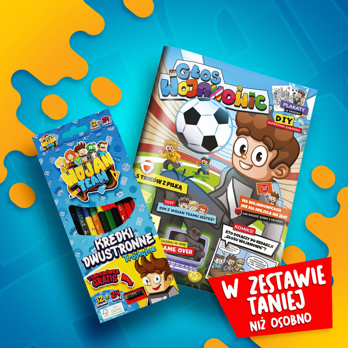 ZESTAW CZASOPISMO "GŁOS WOJANOWIC 2" + DWUSTRONNE KREDKI OŁÓWKOWE 12 SZTUK I TEMPERÓWKA
