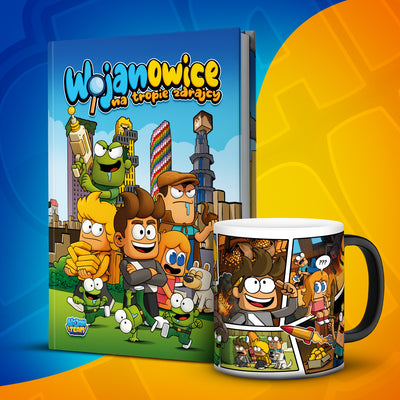 Komiks „Wojanowice: Na Tropie Zdrajcy” z magicznym kubkiem z bohaterami Wojanowic