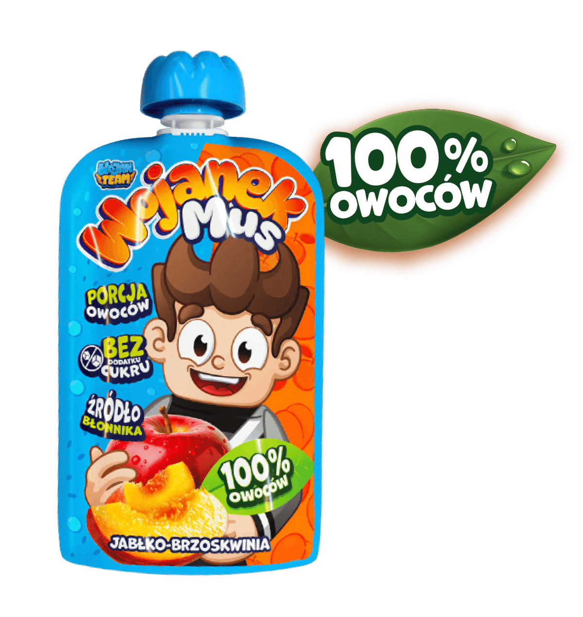 Wojanek Mus - jabłko-brzoskwinia. 100% owoców, bez cukru, bez konserwantów, porcja owoców, polskie jabłka.